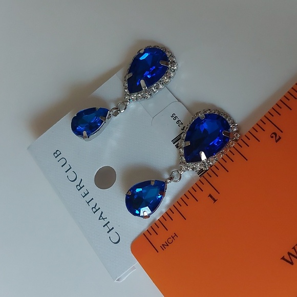 Charter Club Faux Sapphire Blue Rhinestone Teardrop Drop Earrings - Picture 5 of 5